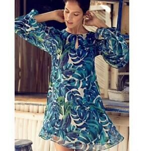 ANTHROPOLOGIE Chloe Oliver Parterre Swing Dress Blue Green Size XS Tropical